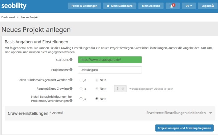 Seobility Projekt anlegen Wie kann ich mein Ranking bei Google verbessern